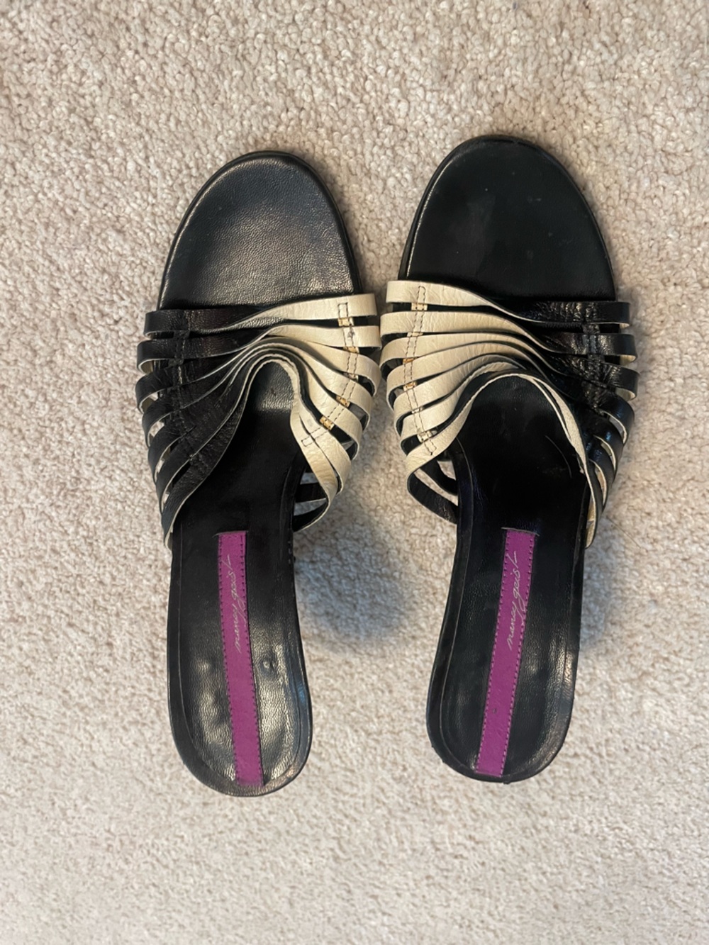 Women's Black and Cream Strappy Slide Heels